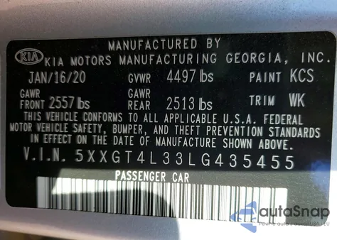 2020 Kia Optima Lx z USA, uszkodzony, nr VIN 5XXGT4L33LG435455